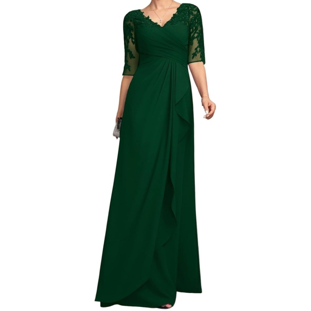 Dark Green Lace V-Neck Evening Gown Sheer Sleeves Cowl Back Formal Maxi Dress
